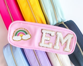 Estuche de nailon personalizado, estuche personalizado, estuche personalizado, estuche de nailon con parche, neceser, estuche para útiles escolares con parche de chenilla