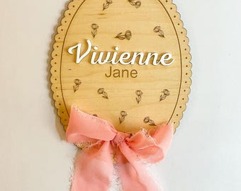 Anuncio personalizado del nombre del bebé / Anuncio de nacimiento de madera personalizado / Atrezzo para fotos en el hospital / Revelación del nombre del bebé con lazo / Recién nacido