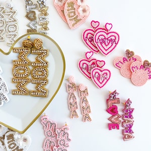 Seasonal Mothers Day Earrings | Beaded Mama Earrings | Santa Earrings | Festive Earrings | Statement Earrings | Mom | Mama | Mommy | Heart |