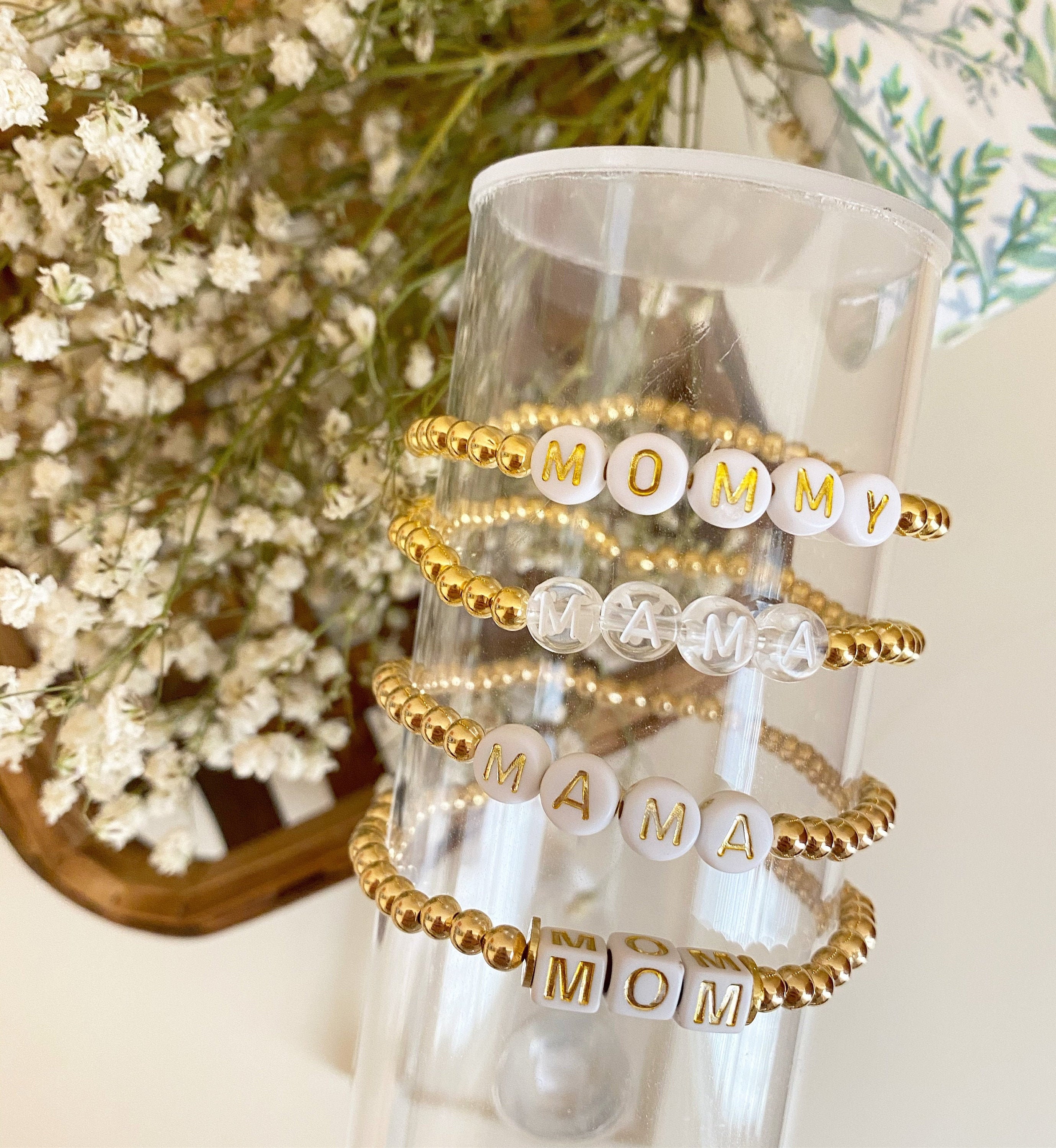 Mama Bracelet 14k 4mm Gold Beaded Mama Bracelet Etsy