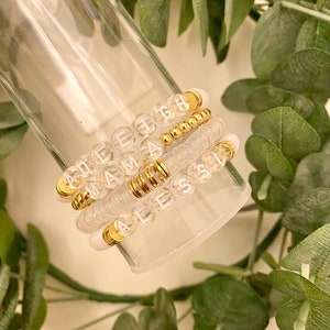 Clear Heishi Bracelet | Polymer Clay Disc Bracelet | Gold Stack Bracelet | Custom Name Bracelet | Heishi Word Bracelet | Initial Bracelet