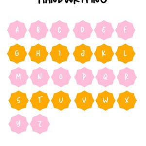 Puede incluir: Una vista previa de fuente que muestra el estilo de escritura a mano. La imagen muestra el alfabeto en una cuadr&iacute;cula, con cada letra dentro de una forma de estrella rosa o naranja. El texto "FONT PREVIEW HANDWRITING" est&aacute; en la parte superior.