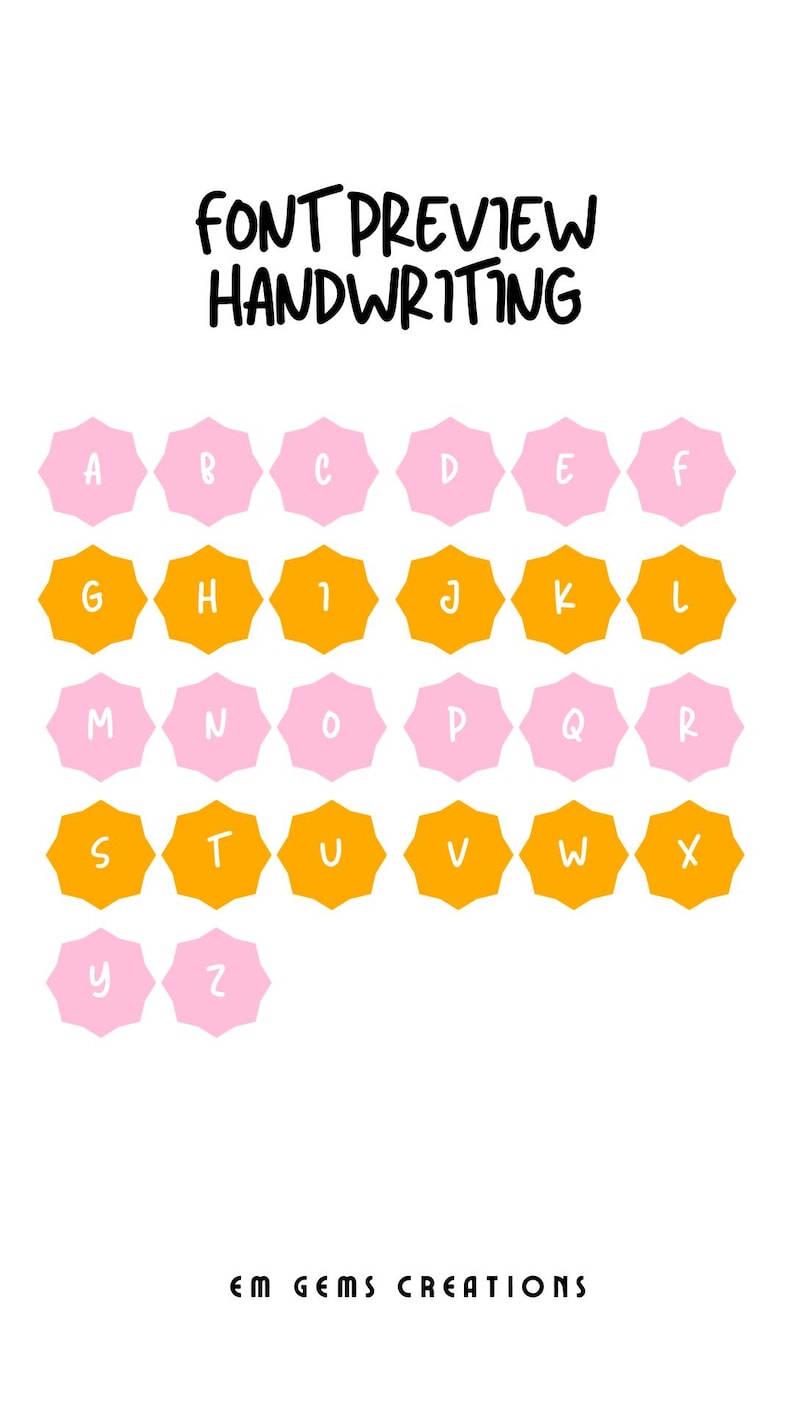 Puede incluir: Una vista previa de fuente que muestra el estilo de escritura a mano. La imagen muestra el alfabeto en una cuadr&iacute;cula, con cada letra dentro de una forma de estrella rosa o naranja. El texto "FONT PREVIEW HANDWRITING" est&aacute; en la parte superior.