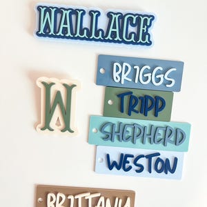 Puede incluir: Una colecci&oacute;n de etiquetas con nombres en varios colores, incluyendo azul, verde y marr&oacute;n. Los nombres "Wallace", "Briggs", "Tripp", "Shepherd", "Weston" y "Brittany" se muestran en una fuente juguetona. Tambi&eacute;n hay una gran letra "W".