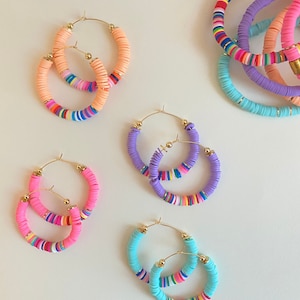 Summer Hoop Earrings | 40mm Heishi Earrings | Polymer Clay Earrings | Heishi Bead Hoop Earrings | Gold & Heishi Hoop Earring | Heishi Beads