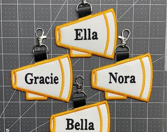 Personalized cheerleader keychain, megaphone bag tag