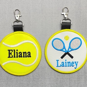 4 inch faux leather Personalized tennis ball and rackets bag tag. Tennis name tag