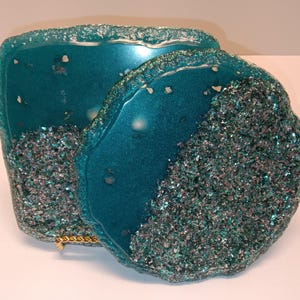 Set of 2 Resin Coasters, Teal, Silver, Round, Square, Desk Décor, Unique, One of a Kind