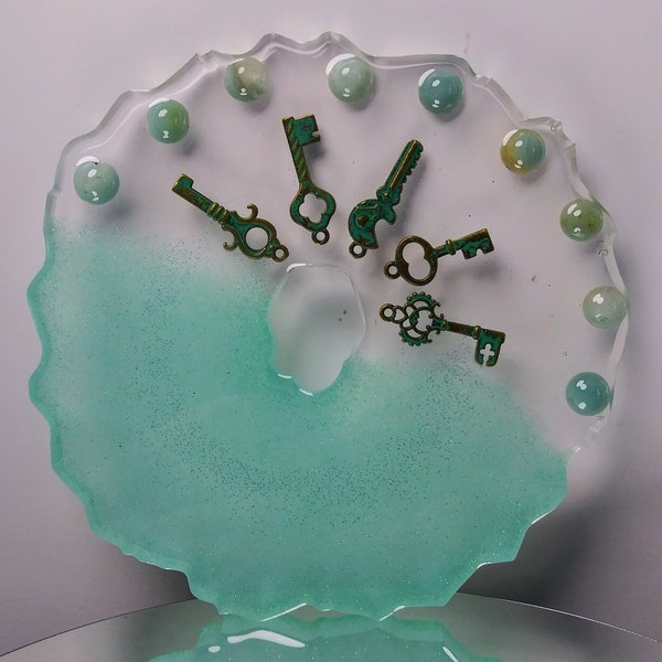 Resin Coaster, Round Coaster, Mint Green Beads, Mint Green Glitter, Bead Coaster, Patina Keys Coaster, Unique, One of a Kind Active