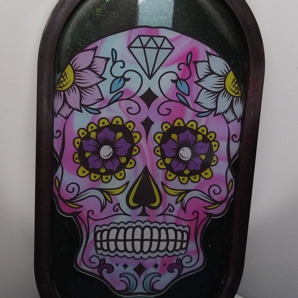 Trinket Tray, Trinket Dish, Resin Trinket Tray, Sugar Skull, Dia de Los Muertos, Black Glitter, Blue Glitter, Unique, One of a Kind