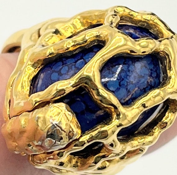Vintage Crown Trifari Caged Ring  With Blue Faux … - image 3