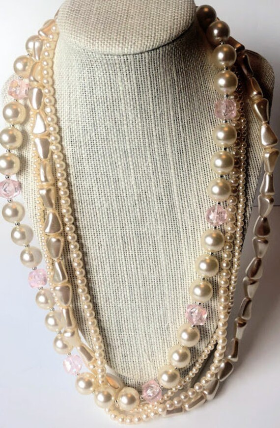 Vintage Faux Pearl Four Strands Beaded Necklace.