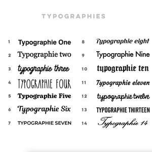 Puede incluir: Sobre un fondo blanco, se muestran catorce ejemplos de tipograf&iacute;as diferentes. Cada fuente est&aacute; numerada y etiquetada con "Typographie" seguido de un n&uacute;mero. Los estilos var&iacute;an, desde sans-serif en negrita hasta escritura elegante.