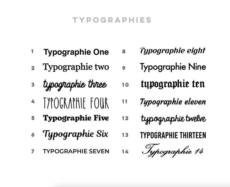 Puede incluir: Sobre un fondo blanco, se muestran catorce ejemplos de tipograf&iacute;as diferentes. Cada fuente est&aacute; numerada y etiquetada con "Typographie" seguido de un n&uacute;mero. Los estilos var&iacute;an, desde sans-serif en negrita hasta escritura elegante.