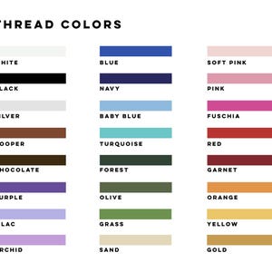 Puede incluir: Una carta de colores titulada "THREAD COLORS" muestra una variedad de colores de hilo. La carta incluye colores como blanco, negro, plata, azul, marino, rosa, rojo y dorado, entre otros. Cada color est&aacute; representado por una barra horizontal.