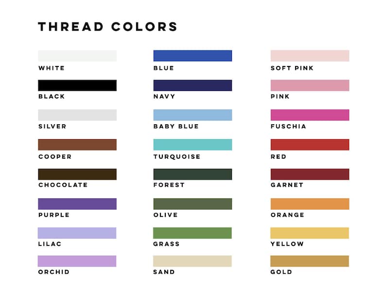Puede incluir: Una carta de colores titulada "THREAD COLORS" muestra una variedad de colores de hilo. La carta incluye colores como blanco, negro, plata, azul, marino, rosa, rojo y dorado, entre otros. Cada color est&aacute; representado por una barra horizontal.