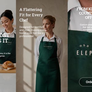 Puede incluir: Delantales verde oscuro con el texto "OLD ELEPHANT HOUSE" y "FOR THE HOST WHO DOES IT ALL". Los delantales son usados por personas en un entorno de cocina. El texto "Order Now" tambi&eacute;n es visible.