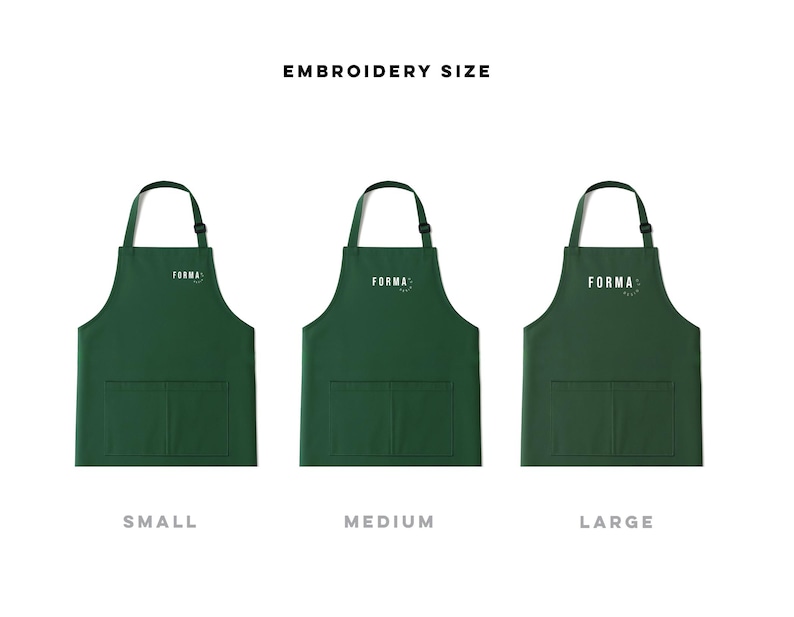 May include: Three dark green aprons with neck straps and two front pockets, labelled small, medium, and large. Each apron features the white text FORMA with a small circular icon. The top text reads EMBROIDERY SIZE, indicating the scale of the logo.