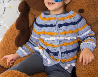 Cardigan Bobble au crochet fait à la main. Des couleurs fraîches et une texture amusante ce pull rayé pour enfants est confortable et élégant. Super cadeau!