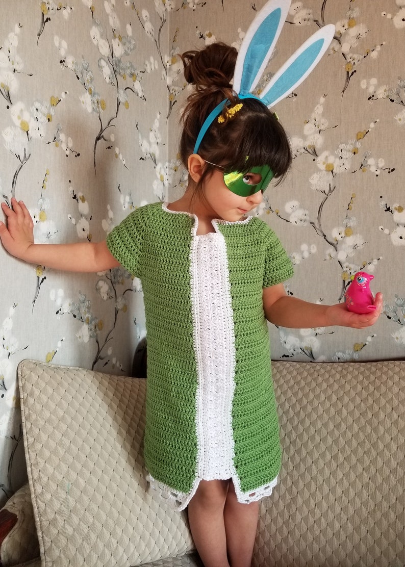 Fresh spring green dress with white trim but light and comfortable for play! Chic enough for a celebration Handmade Crochet Dress Size 6