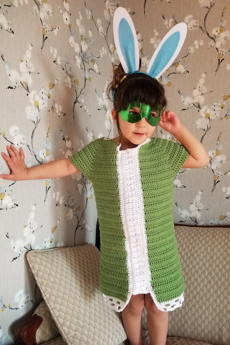 Fresh spring green dress with white trim but light and comfortable for play! Chic enough for a celebration Handmade Crochet Dress Size 6