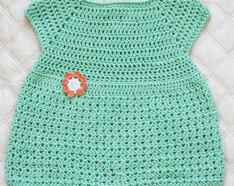 Handmade Crochet Dress in 12-24mths. This minty dress with delicate floral appliques makes a lovely gift.