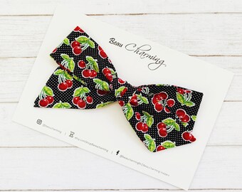 Black Cherry Bow | Black cotton bow with tiny white dots and sweet little red cherries | Nylon headband or hair clip