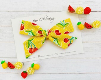 Summer Cherry Bow | Bright happy yellow cotton bow with gorgeous red cherries | Nylon headband or hair clip