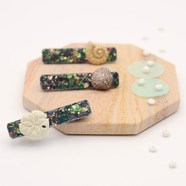 Reef Shimmer Clip | Color shifting green/gold resin bar topped with a shell or sand dollar | Alligator clip | Hair accessories