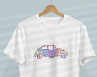 Retro Car Graphic Tee, Hand Drawn Line Art T Shirt, Pastel Rainbow Car Shirt, Vintage Aesthetic Tee, Unisex Soft Cotton TShirt, 70s Vibes