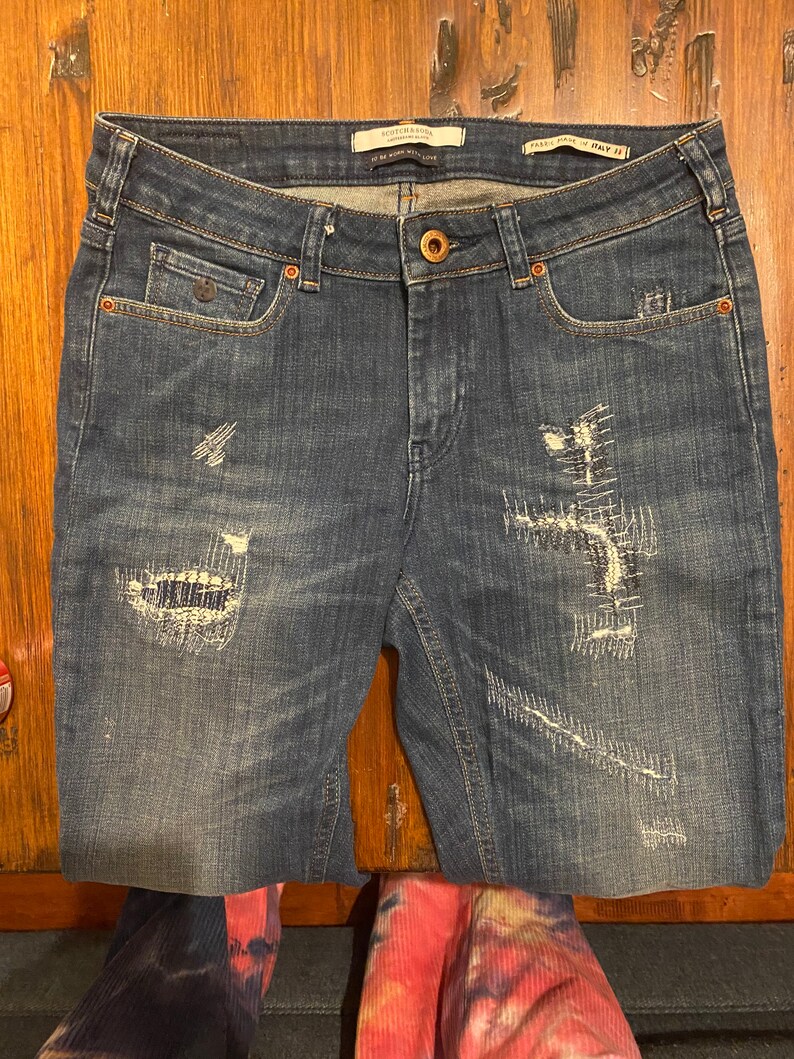 Scotch /& Soda jeans \u201cLA bohemienne mid rise skinny\u201d jeans 28-32 Dark Distressed Denim Made in Italy MSRP 177