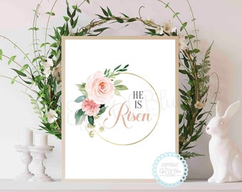 May include: A printable Easter sign with a floral wreath and the text "He is Risen" in a gold circle.