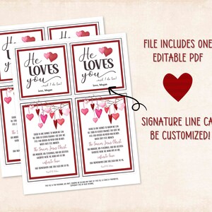 May include: Printable Valentine's Day cards with a watercolor design of pink and red hearts hanging from a branch. The cards feature the text "He Loves You" and a signature line that can be customized. The text "The Savior Jesus Christ" is also included on the cards.