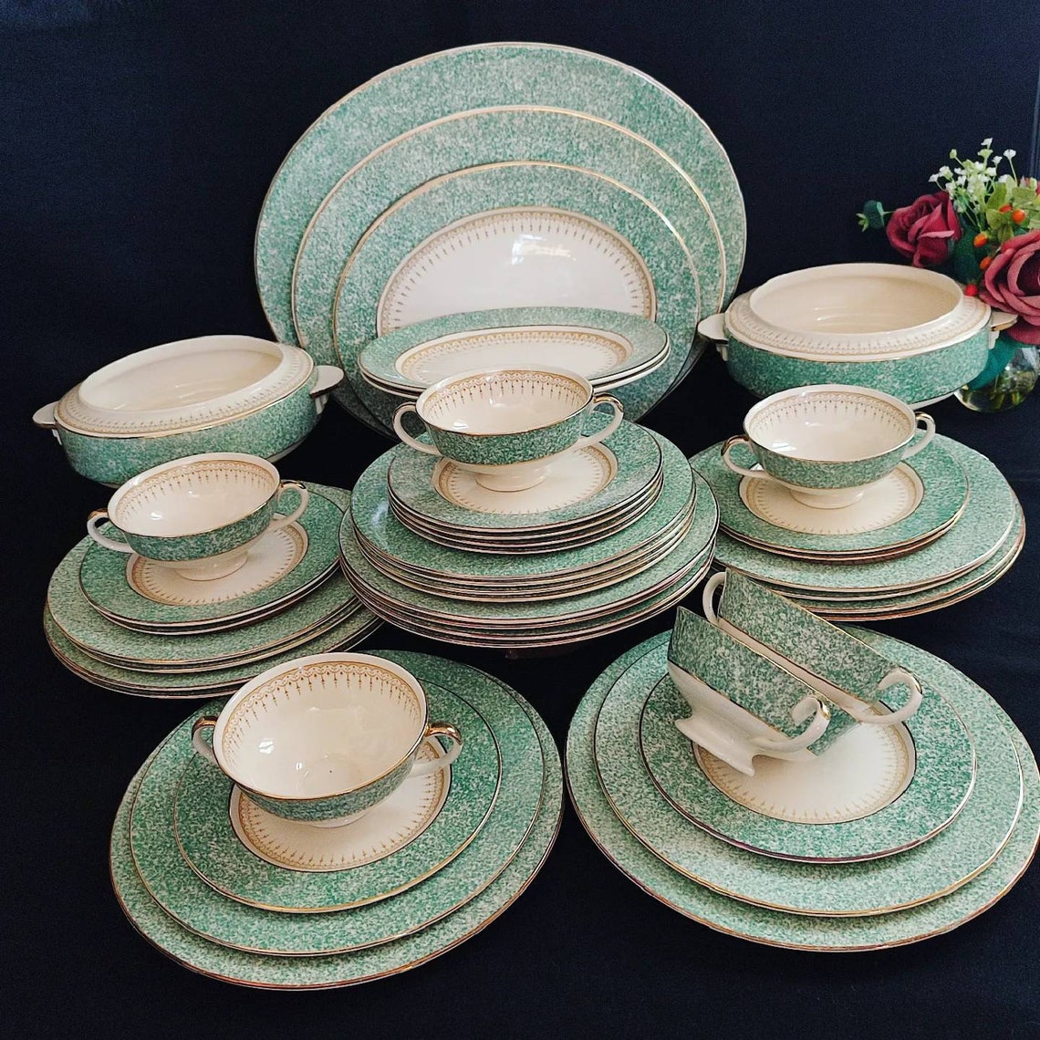 C1930s Royal Doulton Dinner Set in Green 43pcs Made in England Etsy