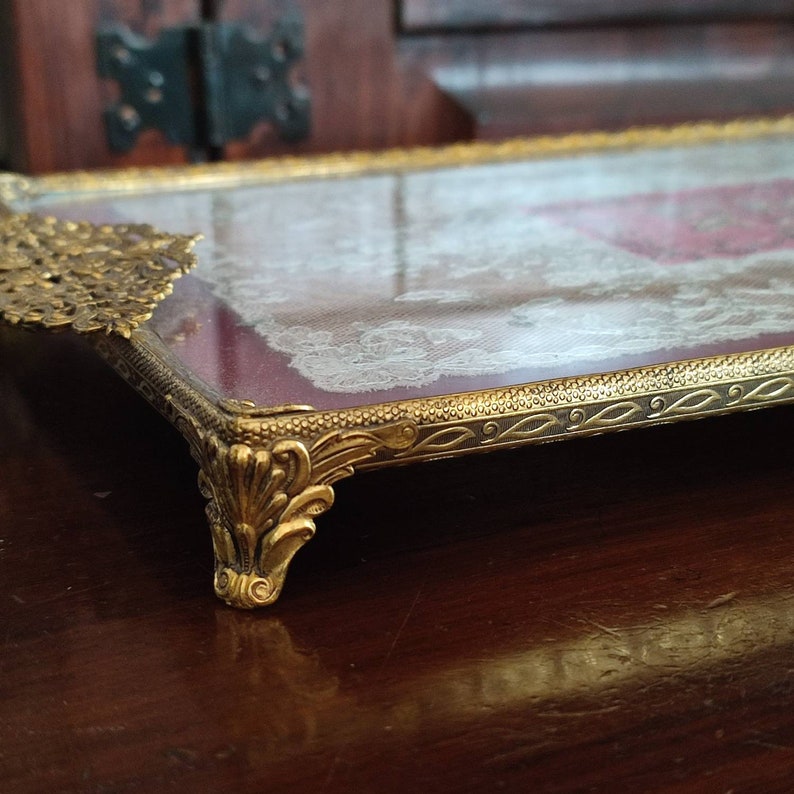 Rare Vintage Vanity Dressing Table Tray Lace Brass Glass in Etsy