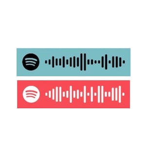 May include: Two Spotify music code scannable barcodes. The top barcode is on a light blue background with a black Spotify logo. The bottom barcode is on a red background with a white Spotify logo.
