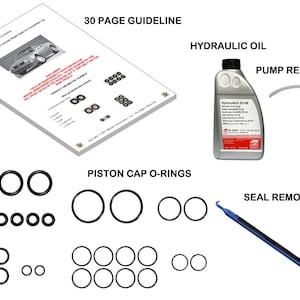 May include: An assortment of automotive repair components, including O-rings, a seal removal tool, hydraulic oil, and a pump refill device. A 30-page guideline is also included.