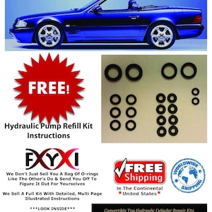 May include: Hydraulic cylinder repair seals for Mercedes convertible tops, models 300SL, 300SL-24, 500SL, 600SL, SL280, SL320, SL500, and SL600 from 1989-2002. Includes a red starburst with "FREE!" and a blue convertible car.