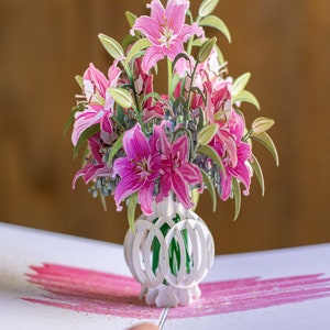 Lily Bouquet Pop‑Up Card – Handmade 3‑D Floral Greeting for Anniversary, Mother’s Day, Sympathy, Veteran‑Owned