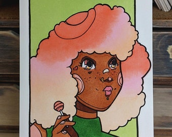 Fine Art Print - Pink Lollipop Girl - Ink - Copics - Original Art - Soe