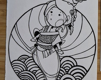Fine Art Print - Mermaid - Japanese - Yoroi Samurai - Ink - Original Art - Soe