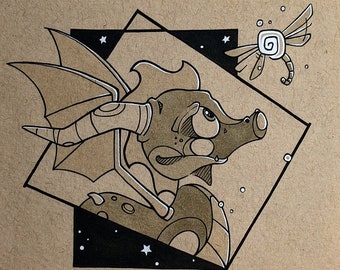 Fine Art Print - Spyro the Dragon - Sparx - Reignited Trilogy - Fanart - Ink Drawing - Video Game - Soe