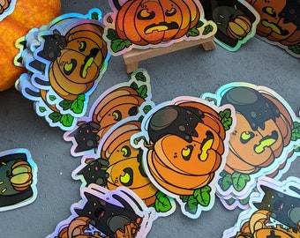 Cat & Pumpkin - Sticker - Holosticker - Variations: Love, Yummy, Surprise, Lazy