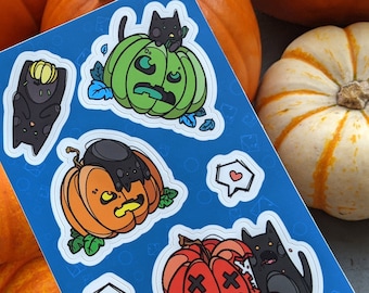 Halloween Stickers - Colorful Black Cat & Pumpkin - Sticker Sheet