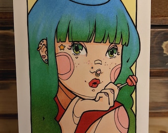 Fine Art Print - Blue Lollipop Girl - Ink - Copics - Original Art - Soe