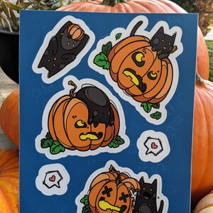Autocollants d’Halloween - Chat noir et citrouille - Feuille d’autocollants