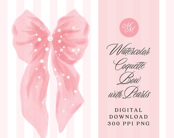 Coquette Bow with Pearls // Digital Download // High-Resolution PNG // Watercolor Pink Vintage