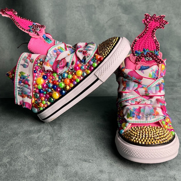 Bedazzled converse / trolls inspired chucks / poppy birthday shoes / bejeweled birthday chicks / rainbow pearls / custom Chuck Taylors