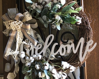 715S21 Summer Wreath Front Door Wreath. Cotton Wreath