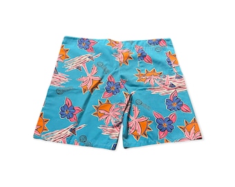 VTG 80s 90s Blue Orange Pink Neon Floral Beach Trees Boardshorts Sz M Medium